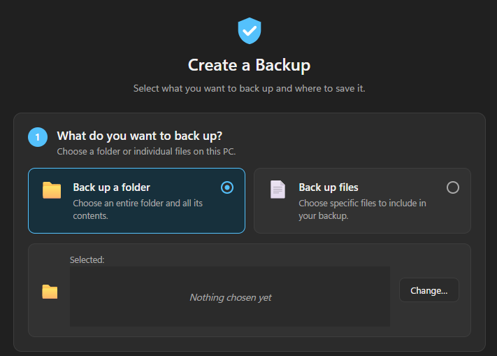 Step one of Create a Backup: a choice between backing up a whole folder or picking individual files, with the folder option selected and nothing chosen yet.