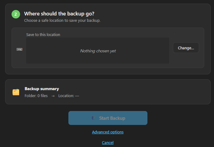 Step two of Create a Backup: choosing where the backup is saved, a summary line reading Folder 0 files, and the Start Backup button.