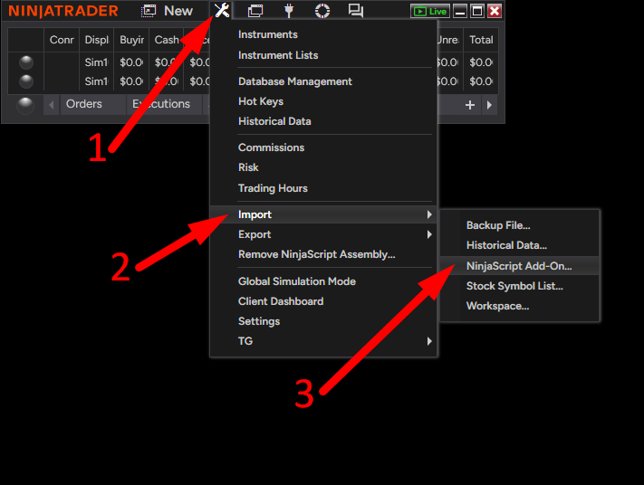 The Control Center's Tools menu open on Import, with arrows numbered 1 to 3 on the wrench icon, Import and NinjaScript Add-On….
