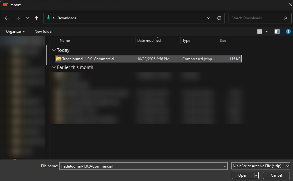 The Import file picker in the Downloads folder with TradeJournal-1.0.0-Commercial selected and the Open button.