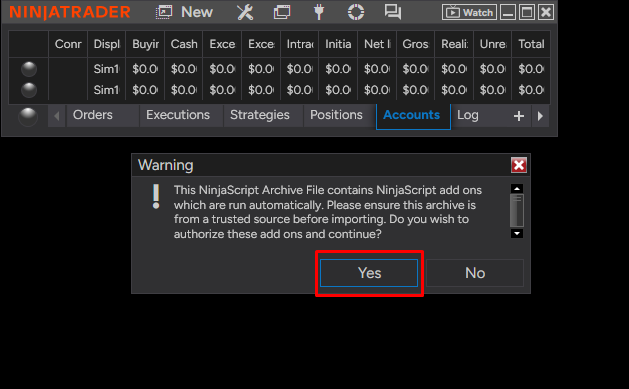 A NinjaTrader warning asking whether to authorize the add-ons in the archive, with Yes highlighted.