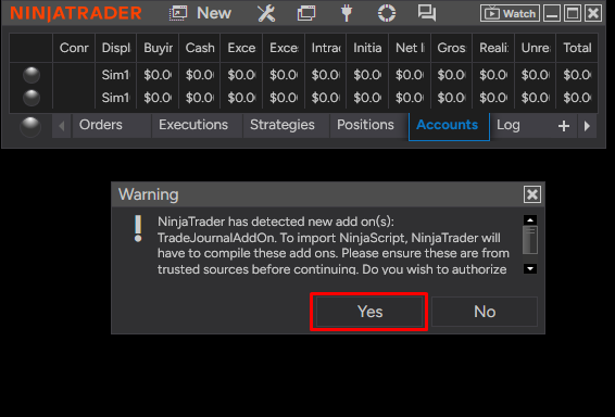 A NinjaTrader warning that it has detected the new add-on TradeJournalAddOn and must compile it, with Yes highlighted.
