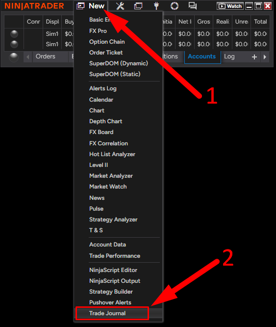 The Control Center's New menu open, with arrows numbered 1 and 2 on New and on Trade Journal.