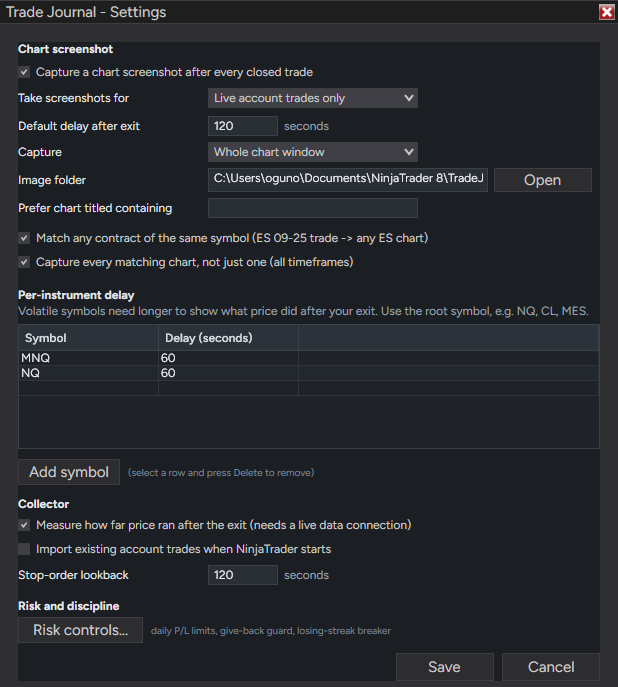 The Trade Journal settings dialog, with chart screenshot capture options, a per-instrument delay table, collector settings and a button for risk controls.